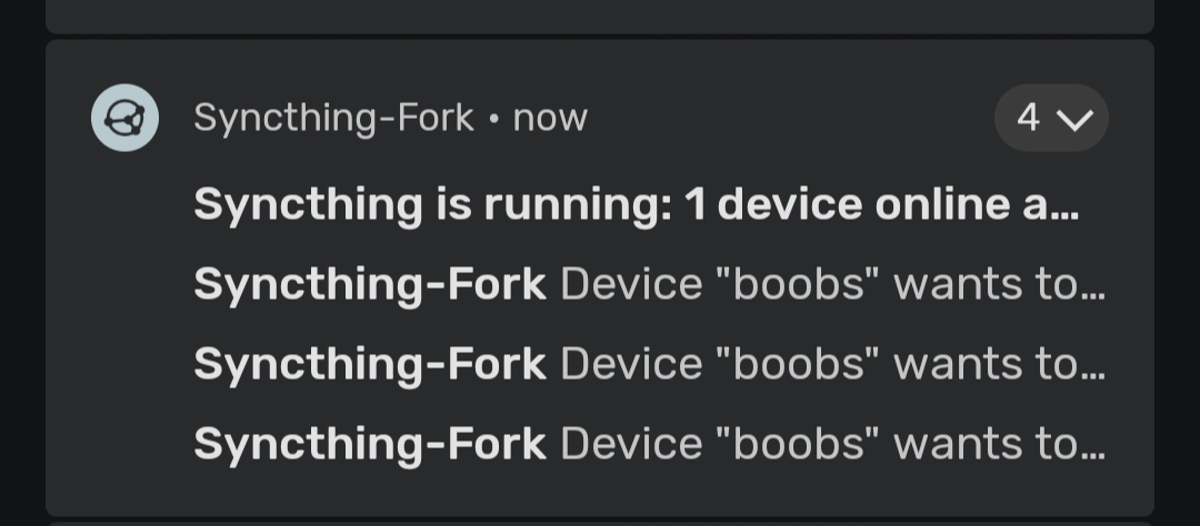 android syncthing notification screenshot with 3 "device 'boobs' wants to" notification