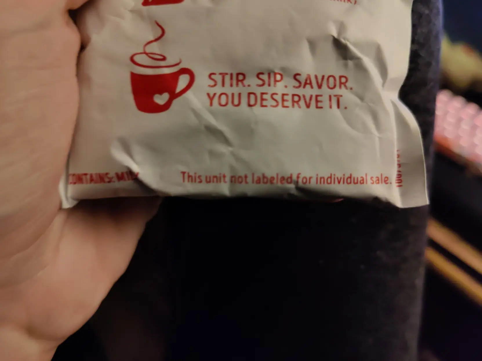 hot chocolate packet, with subtext that says "this unit not labeled for individual sale."