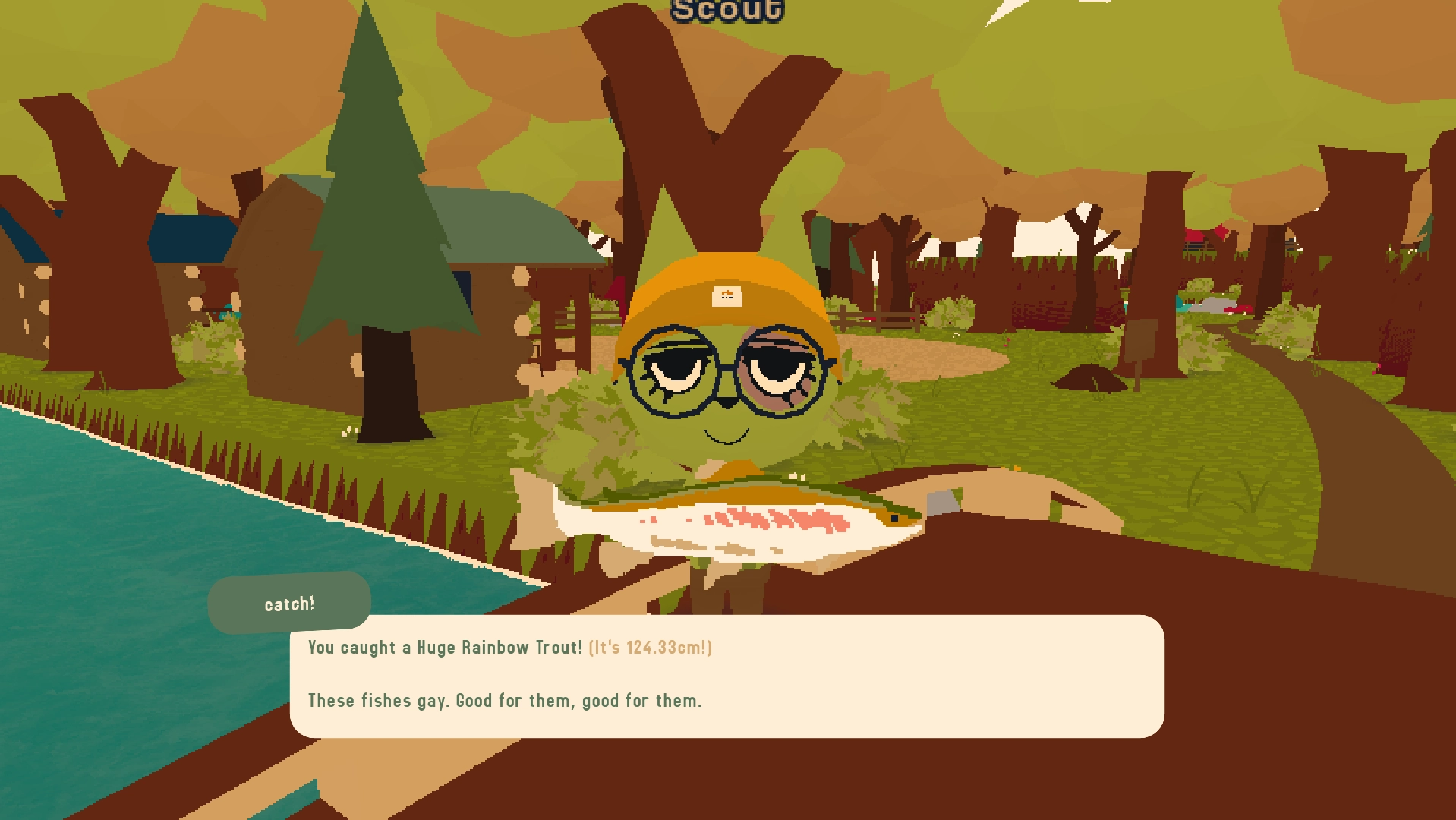 webfishing, i am holding a huge rainbow trout, the caption says "these fishes gay. good for them, good for them."