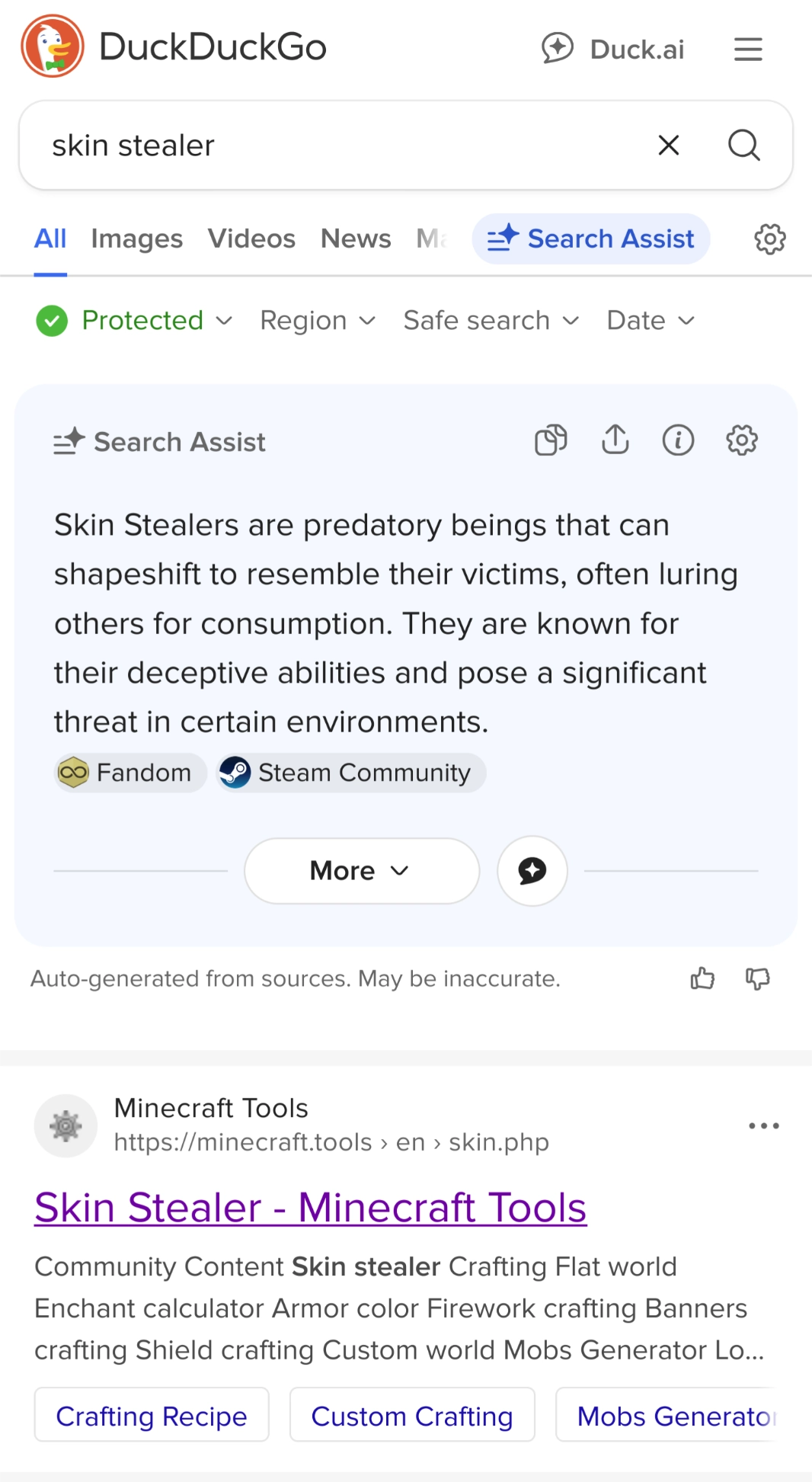 ddg search for "skin stealer" first result being the minecraft skin stealing tool, search assist ai telling the user about the mythical shapeshifting creature