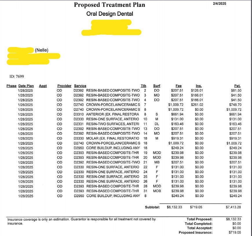 image of a document from my dentist, itemizing all the work that needs to be done and the cost of each operation, totalling at about 7.5k