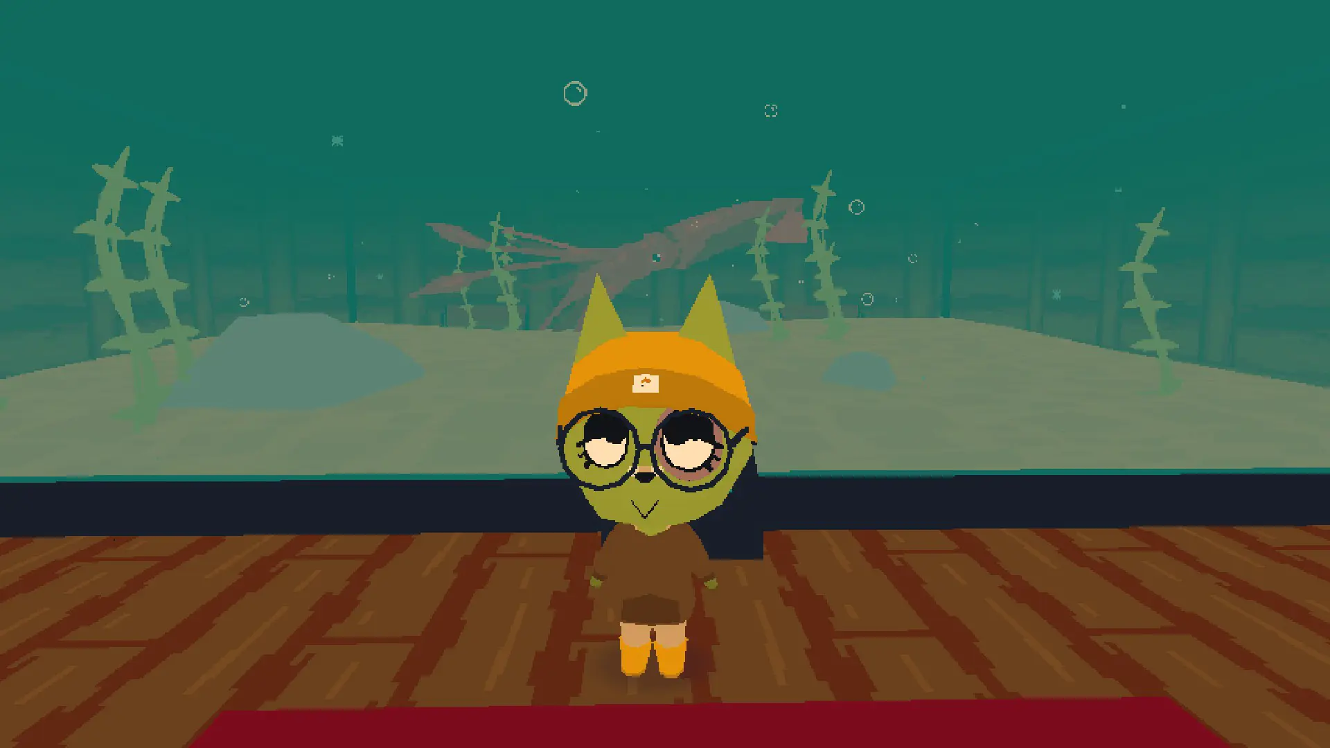 webfishing screenshot, i am standing in front of the aquarium with a massive squid inside it