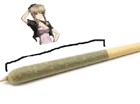 image of a thick joint, a line drawn to indicate the section of weed, and amane suzuha place above that line