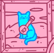 glowing blue cat with a musical string instrument in a picture frame