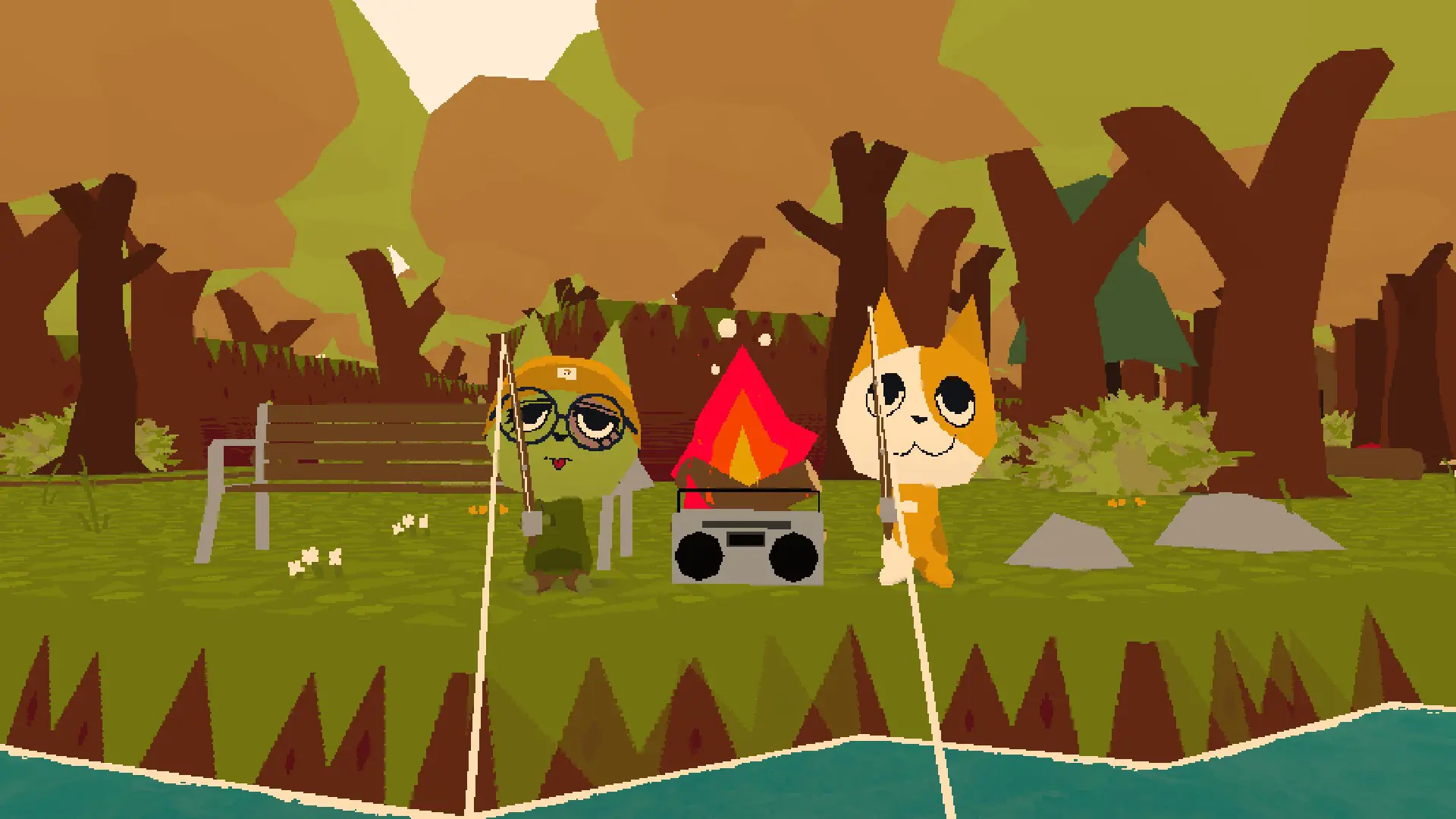 webfishing screenshot with my cat and elkes cat sitting at a lake, fishing by a campfire and a boombox