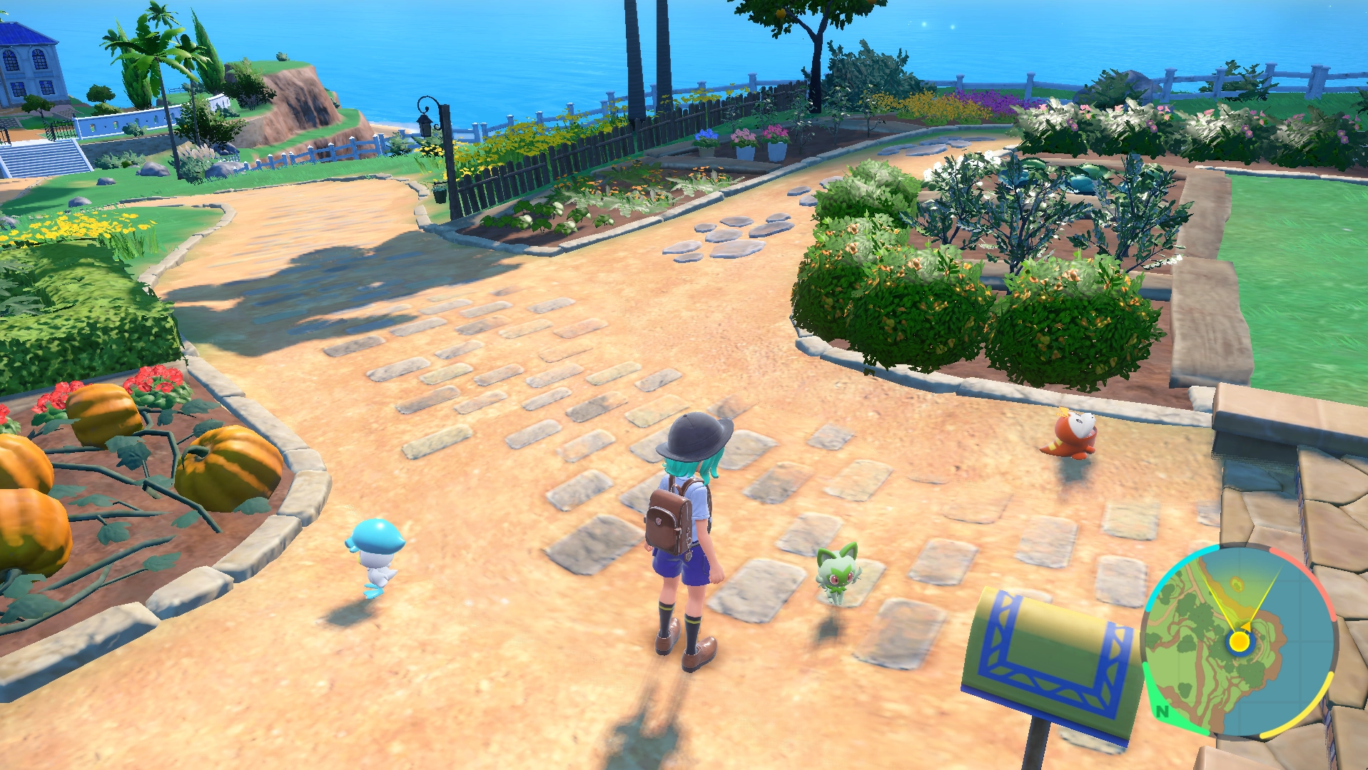 screenshot of pokemon violet, character is standing next to the three starter pokemon