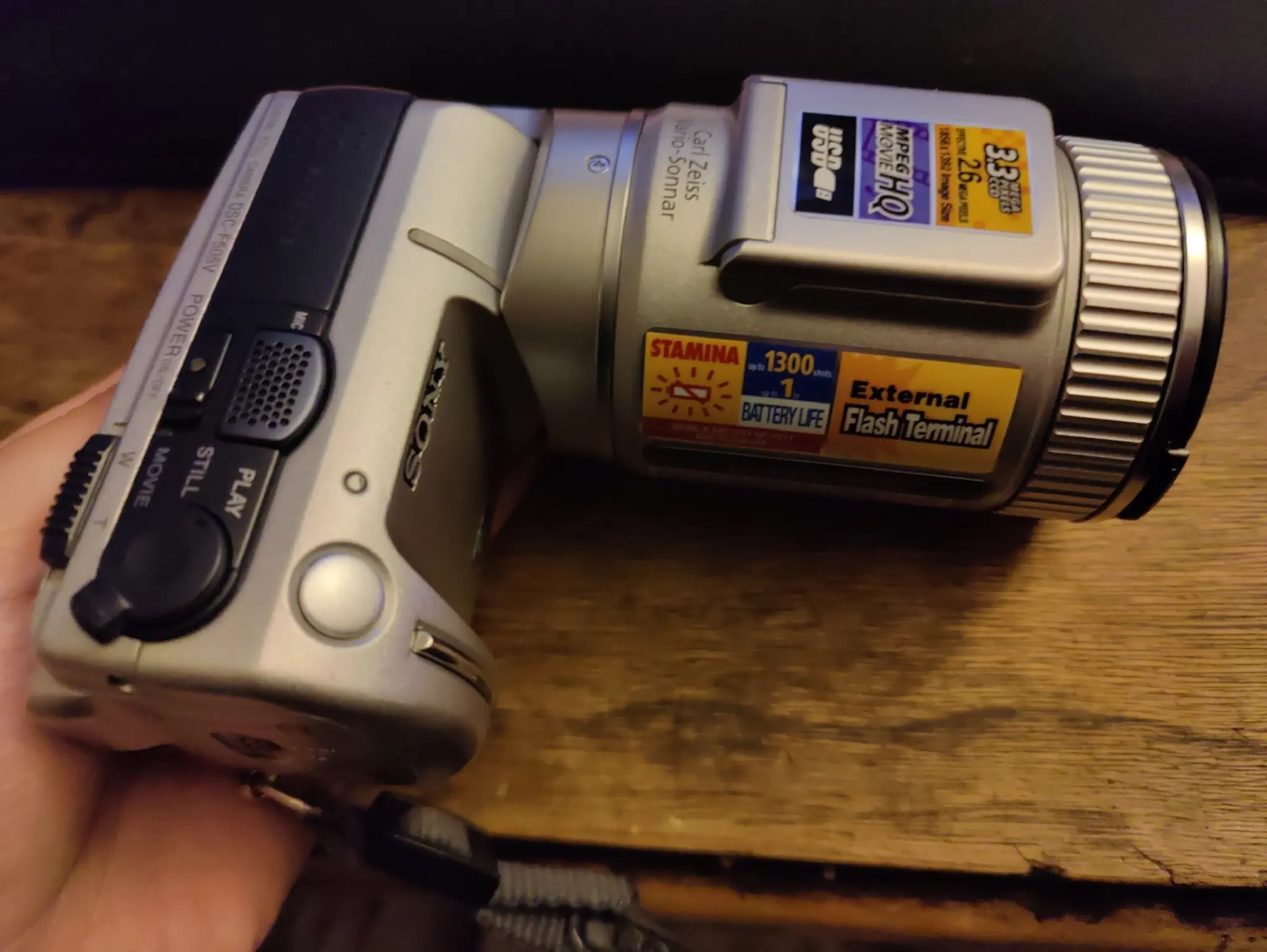 a Sony DSC-F505V

old digital camera, that has the unique feature of having the entire sensor and lens array able to swivel on the base, allowing you to get odd angles and still see the screen