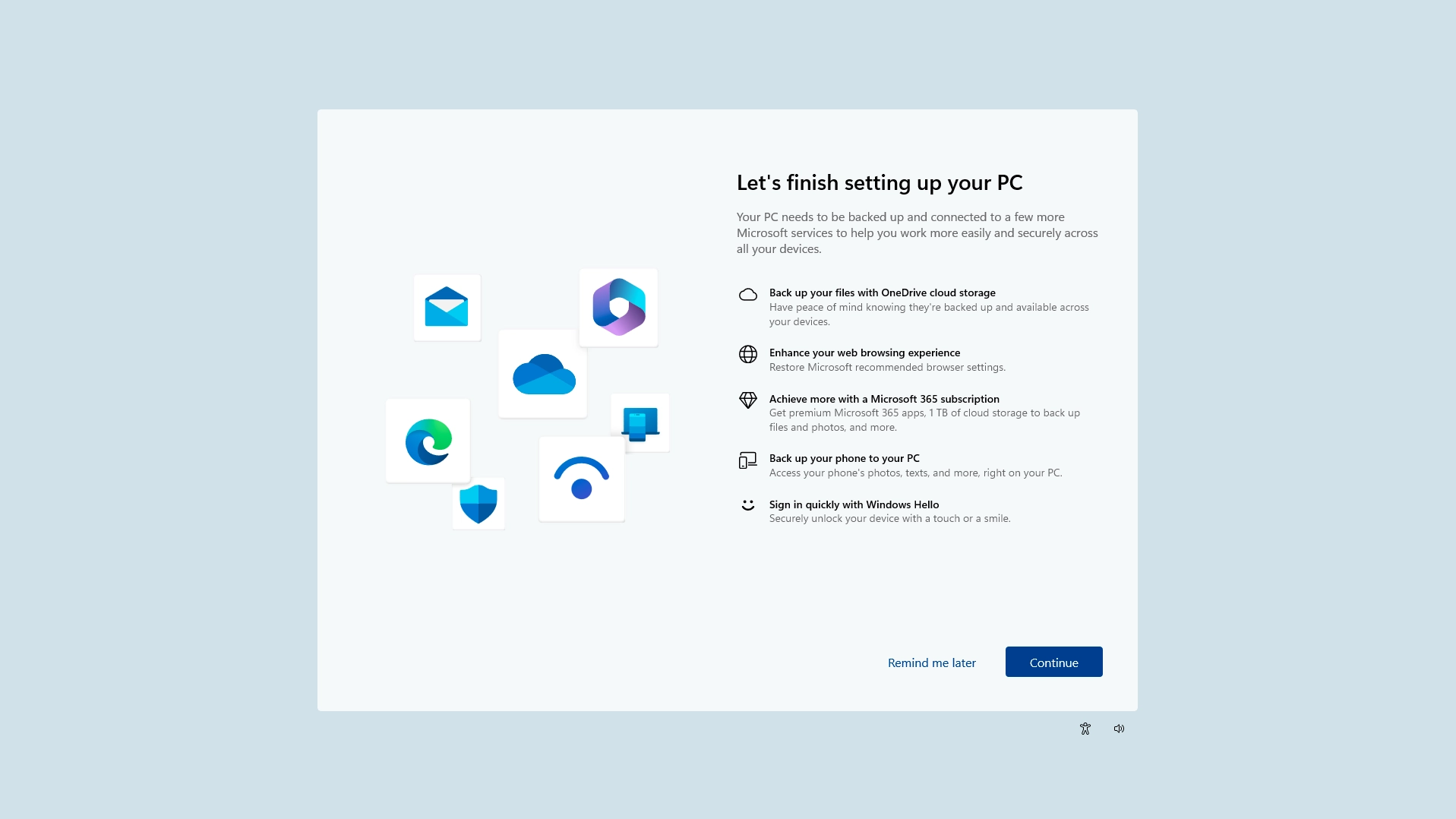 windows 1, with a fullscreen popup prompting you to login to microsoft account, only options beinf "continue" and "remind me later"