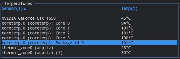 btm temperature section featuring a CPU temperature of roughly 100 degrees celsius.