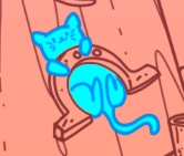 a glowing blue cat, stuck under a horseshoe