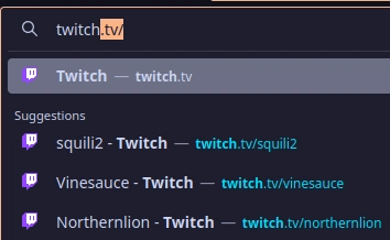 "twitch" typed into the firefox url bar, the 3 suggestions are squili2, Vinesauce, and Northernlion