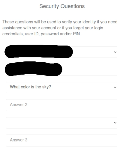 a set of security question fields, one of the selected security questions is "What color is the sky?"