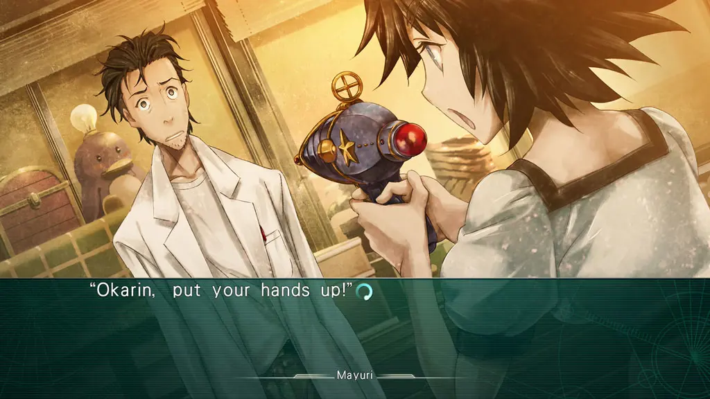 mayuri from steins;gate pointing a toy gun at okabe, who is looking dumbfounded and scared

mayur is saying "Okarin, put your hands up!"