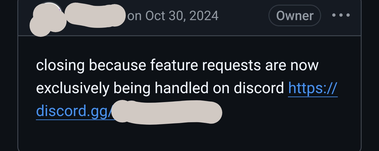 github comment: closing because feature requests are now exclusively being handled on discord [discord link]
