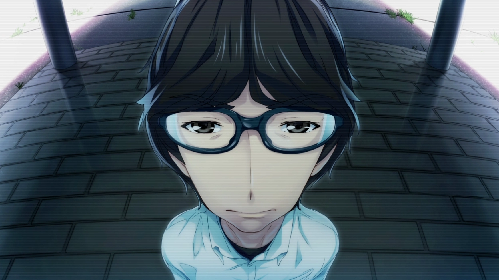 CG of subaru from robotics notes, its a close up of his face witha fisheye effect on it