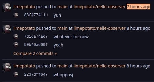 4 commits, with the messages: "yuh", "whatever for now", "yeah", and "whopposj"
