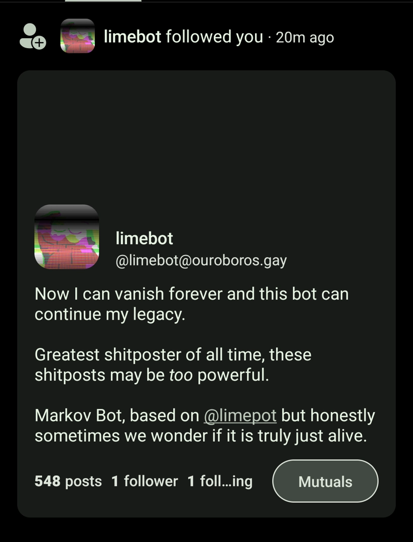 moshidon follow notification "limebot at ouroboros dot gay followed you"